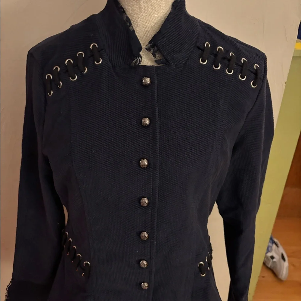 The Pyramid Collection Navy Blazer with Button and Lace Details - Picture 1 of 7